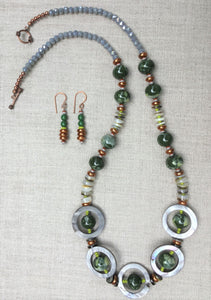Necklace with Green Ceramic Beads and Mother of Pearl Disks